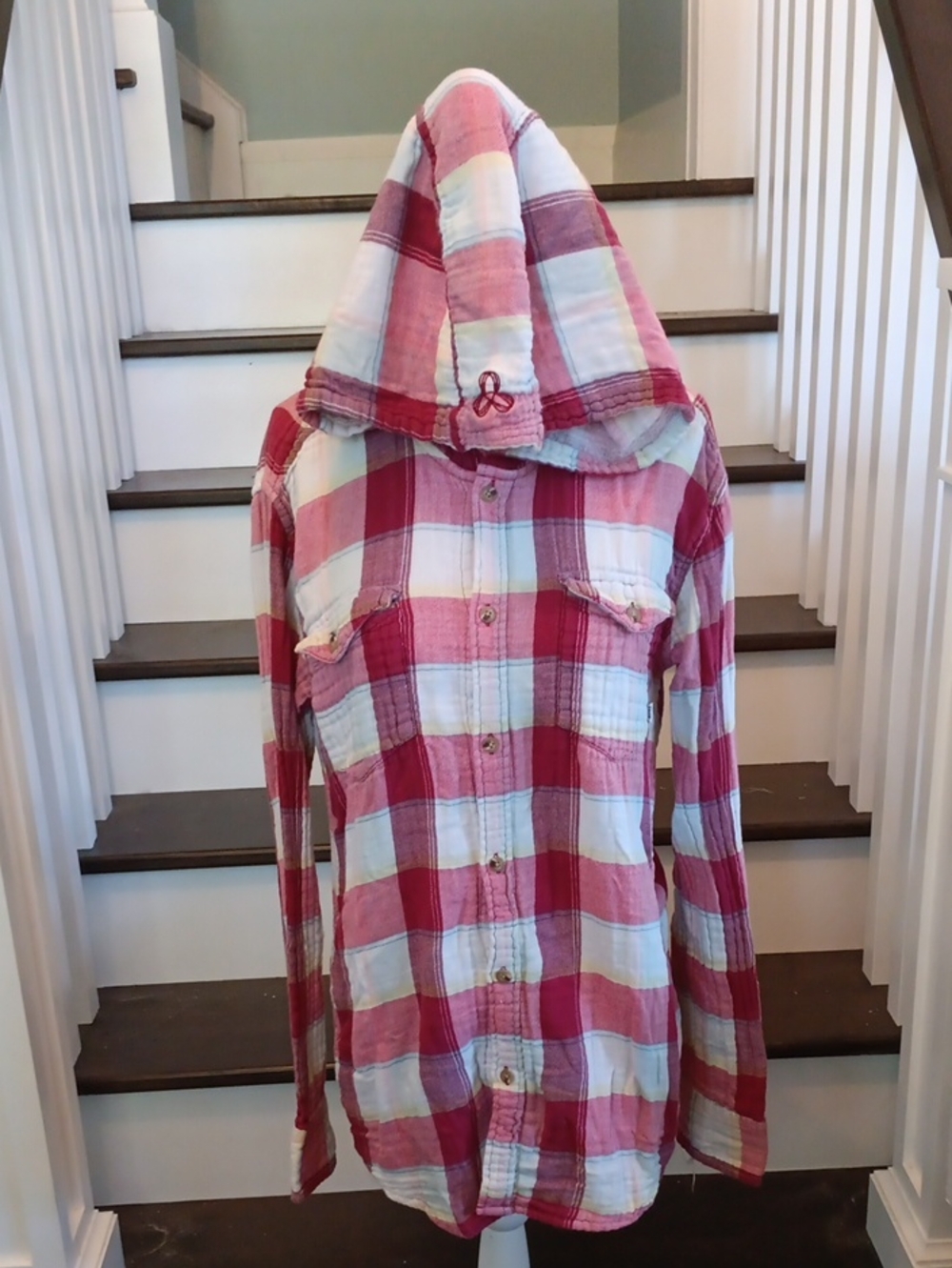 + TNA Red & White Plaid Hooded Button Up Shirt